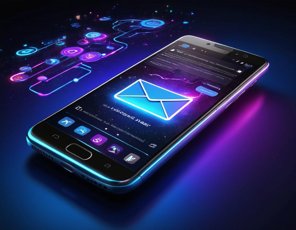 A futuristic email interface showcasing RocketMail as a sleek, modern application on a glowing smartphone. Include vibrant icons representing features such as speed, security, and organization. The background should depict a digital galaxy, symbolizing connectivity and innovation. Bright colors with a touch of technology in a captivating layout. cyberpunk. vibrant colors. 3D.