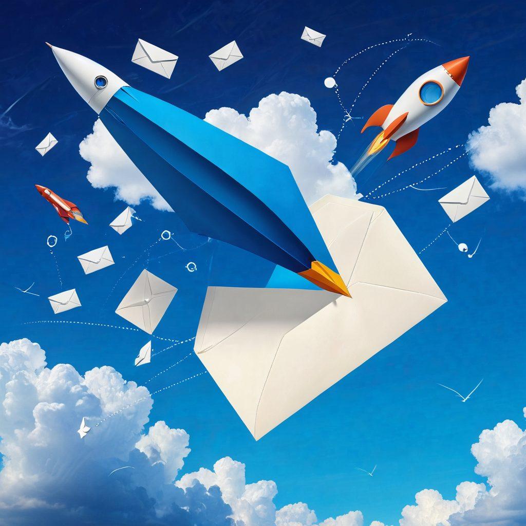 A dynamic illustration featuring a futuristic rocket-shaped mail envelope soaring through a vibrant blue sky, symbolizing innovative communication. Surrounding the rocket are floating icons representing email, chat, and social media, showcasing various communication methods. The background includes abstract clouds and network connections, enhancing the idea of speed and connectivity. Super-realistic. Vibrant colors. 3D.