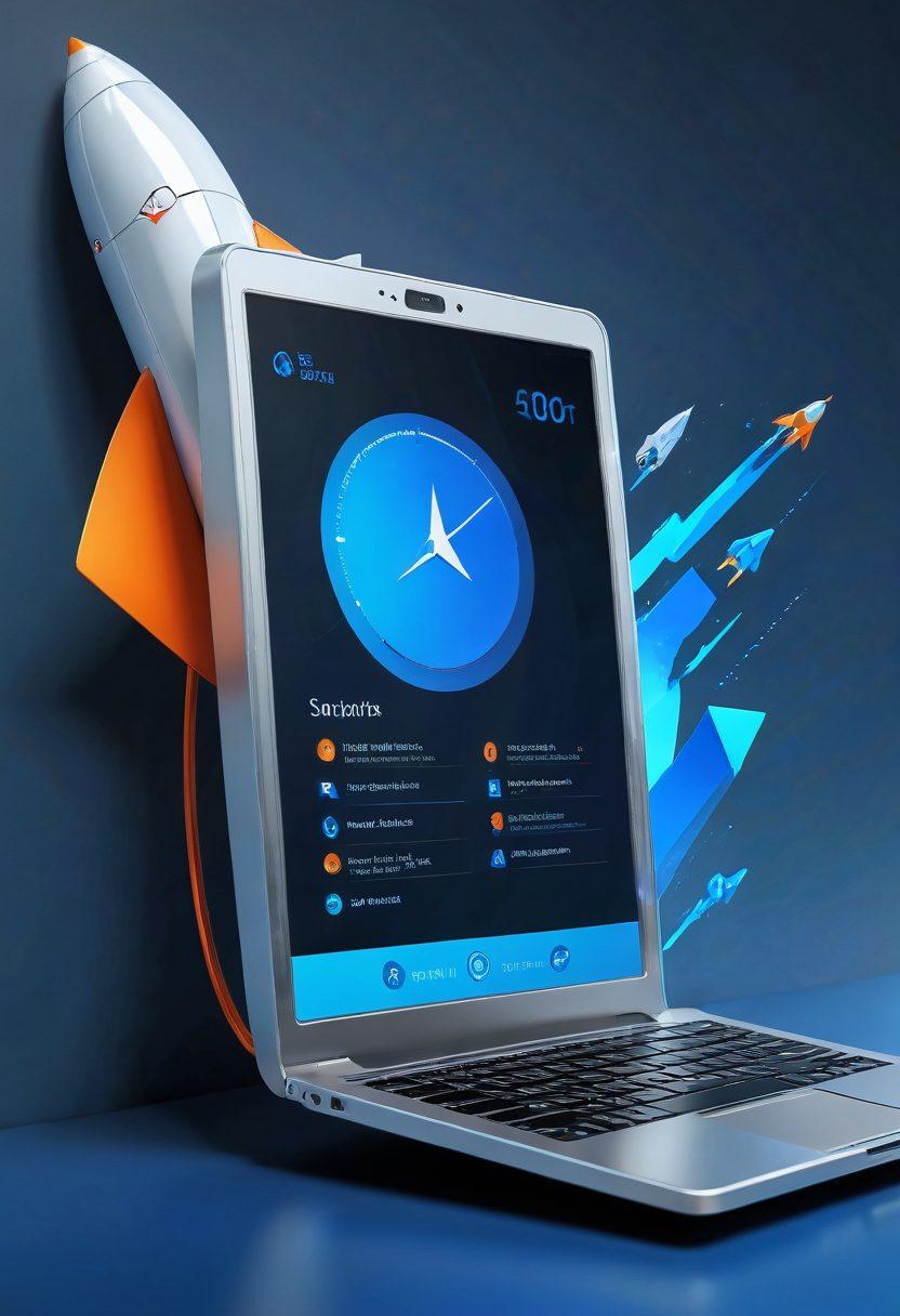 A futuristic email interface showcasing rocket-themed graphics, with vibrant icons representing security features like encryption and spam protection. In the background, a stylized rocket launching symbolizes speed and efficiency. Add a user-friendly dashboard, highlighting top benefits, with engaging visuals. super-realistic. vibrant colors. 3D.